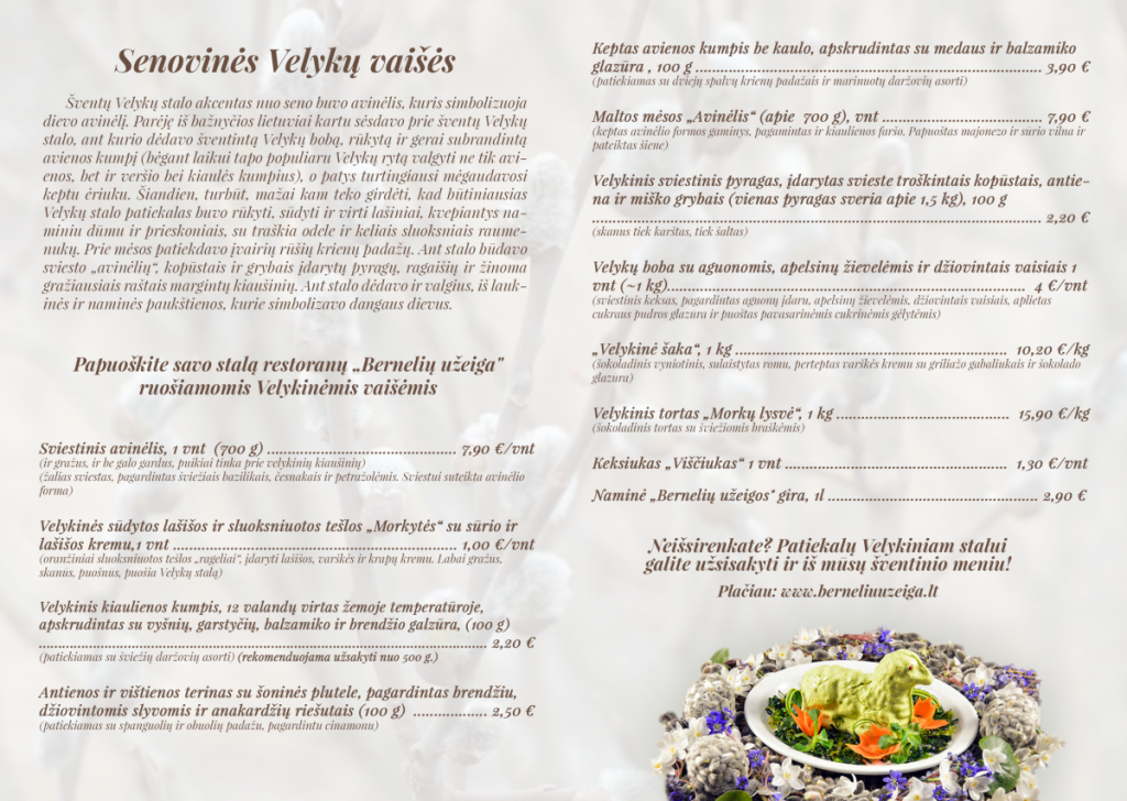 Papuoškite savo  stalą restoranų  „Bernelių užeiga" ruošiamomis Velykinėmis vaišėmis
